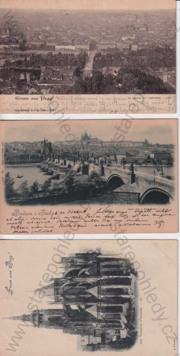  - 3x pohlednice Praha: panorama s Pražským hradem, katedrála sv. Víta, pohled na Prahu z Pr. hradu směrem na Staré a Nové Město