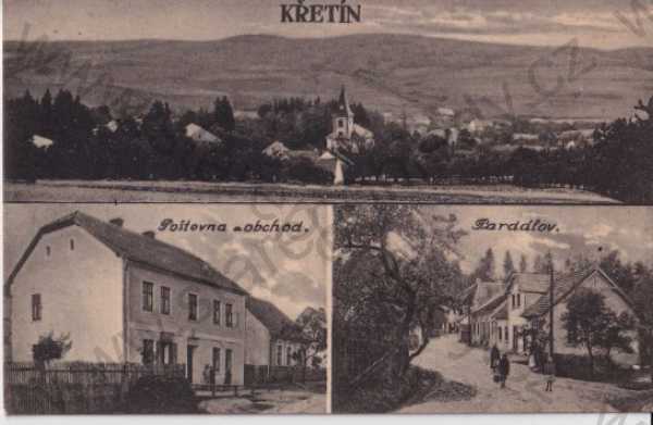  - Křetín (Blansko), více záběrů - panorama, poštovna, obchod, ulice