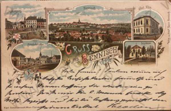  - Horní Benešov - Bennisch (Bruntál - Freudenthal), koláž: celkový pohled, hotel, náměstí, DA, kolorovaná, kresba