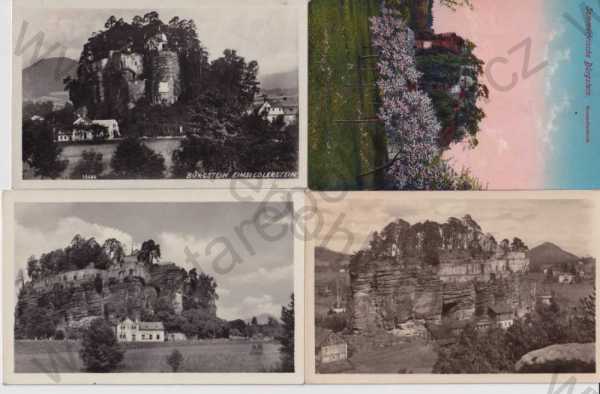  - 4 ks pohlednic: Sloup v Čechách - Bürgstein (Česká Lípa), celkový pohled, hrad, kolorovaná, litografie