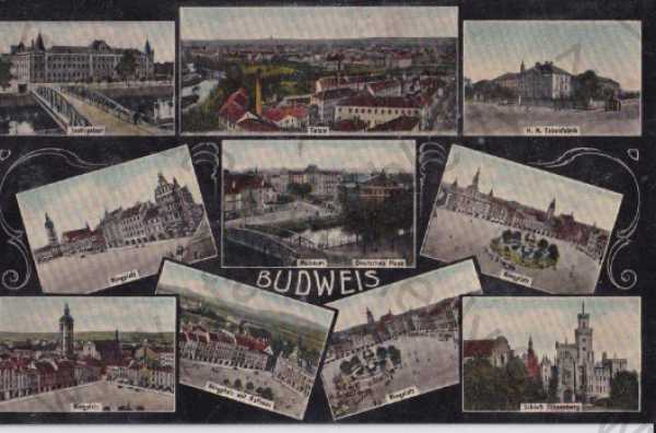 - České Budějovice - Budweis, více pohledů: celkový pohled,  áměstí, zámek, radnice, muzeum, litografie, kolorovaná