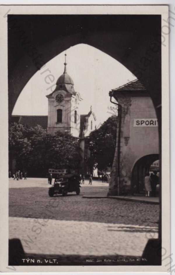  - Týn nad Vltavou (České Budějovice - Budweis), náměstí, kostel, automobil, podloubí, Foto-Fon Praha
