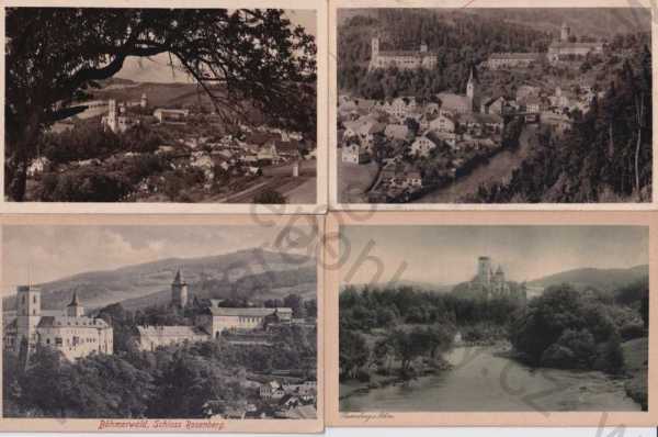  - 4 ks pohlednic: Rožmberk - Rosenberg (Český Krumlov) celkový pohled, zámek