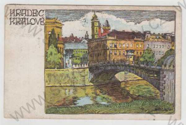  - Hradec Králové, řeka, most, kresba, kolorovaná