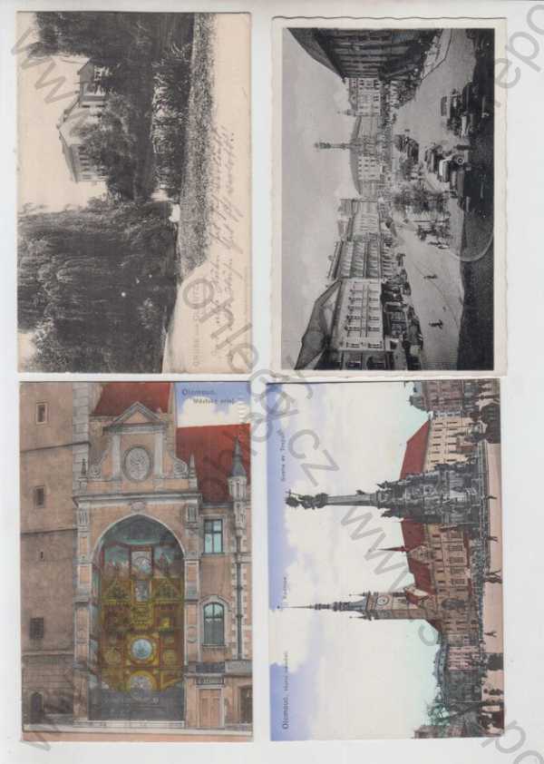  - 4x Olomouc (Olmütz), rybník, labuť, náměstí, automobil, orloj, radnice, Socha sv. Trojici, kolorovaná