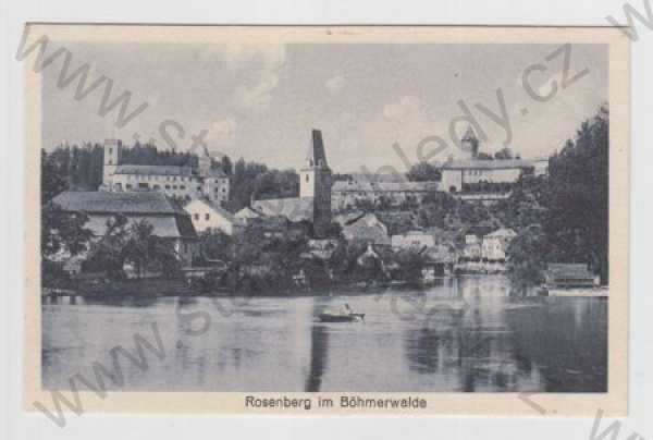  -  Rožmberk na Šumavě (Rosenberg) - Český Krumlov, řeka, loď, částečný záběr města, foto J. Wolf