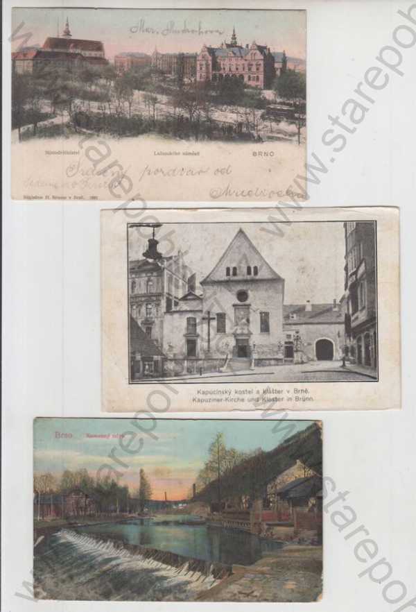  - 3x Brno, Místodržitelství, náměstí, kostel, klášter, mlýn, řeka, splav, kolorovaná