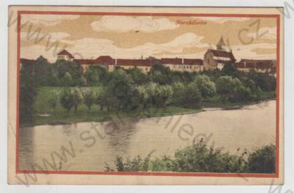  - Horažďovice (Klatovy), řeka, částečný záběr města, kolorovaná