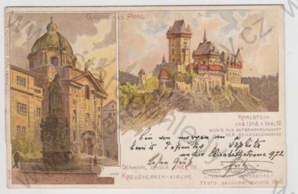  - Karlštejn (Karlstein) - Beroun, více záběrů, hrad, socha, pomník, Karel IV., kolorovaná, DA