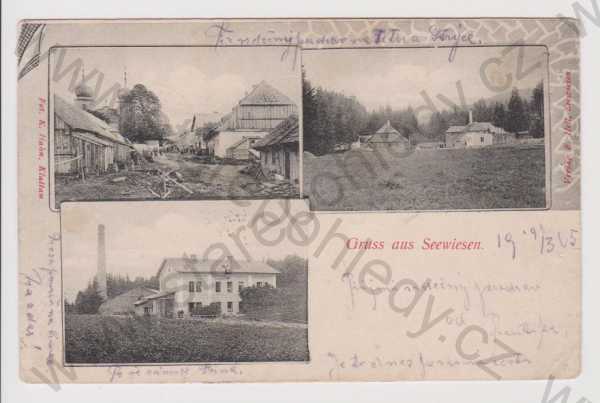  - Javorná (Zejbiš / Seewiesen) - střed obce, továrna, koláž, DA