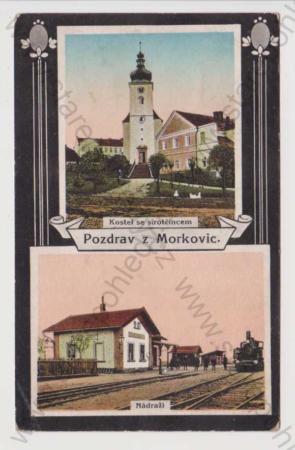  - Kroměříž  Morkovice - kostel a sirotčinec, nádraží, vlak, koláž, kolorovaná