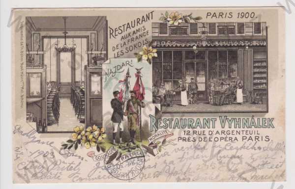  - Francie - restaurace Vyhnálek - Paříž (exteriér, interiér), litografie, kolorovaná, koláž, DA