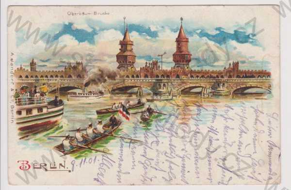  - Německo - Berlín - most, parník, litografie, kolorovaná, koláž, DA