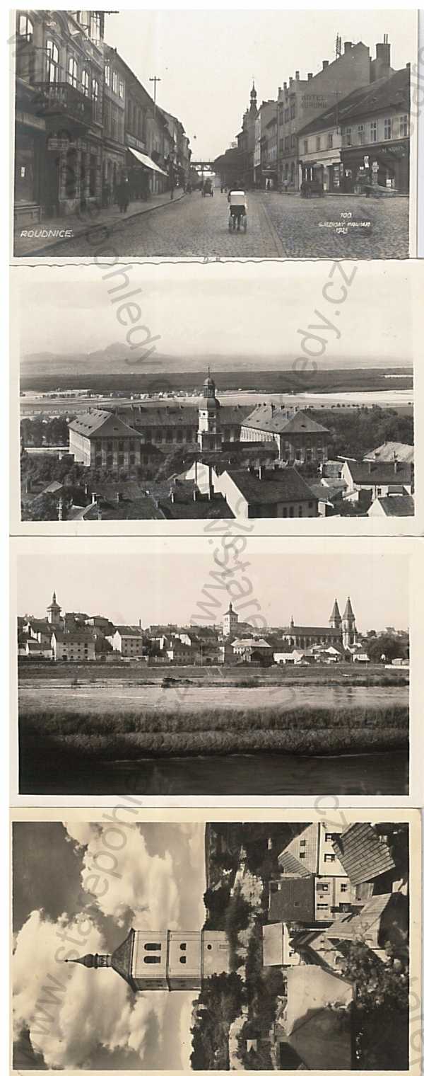  - 4 ks pohlednic: Roudnice nad Labem (Litoměřice), celkový pohled, ulice, kostel