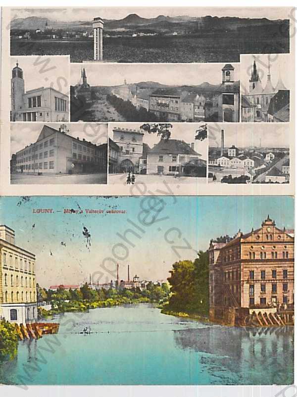  - 2 ks pohlednic: Louny, více záběrů, mlýny a cukrovar, kostelů, brána, litografie, kolorovaná