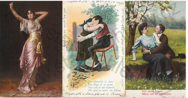  - 3x pohlednice: Žena a 2x milostný pár, kresba, barevná