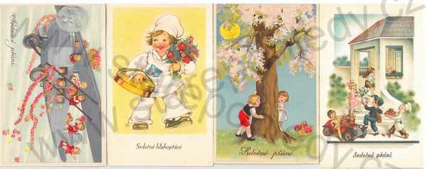  - 4 ks pohlednic: Přání, dětské motivy, barevná, kresba