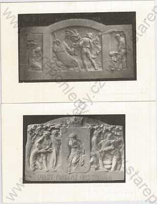  - 2 ks pohlednic: reliéfy - sochařství - reprodukce plaket Duchače Vyskočila (1917)