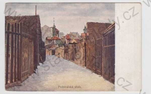  - Praha 2, Podskalí, Podskalská ulice, pohled ulicí, kolorovaná
