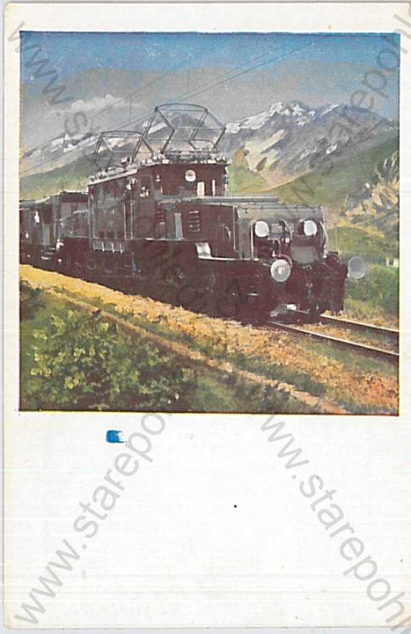  - Elektrická lokomotiva v horách, kresba, barevná