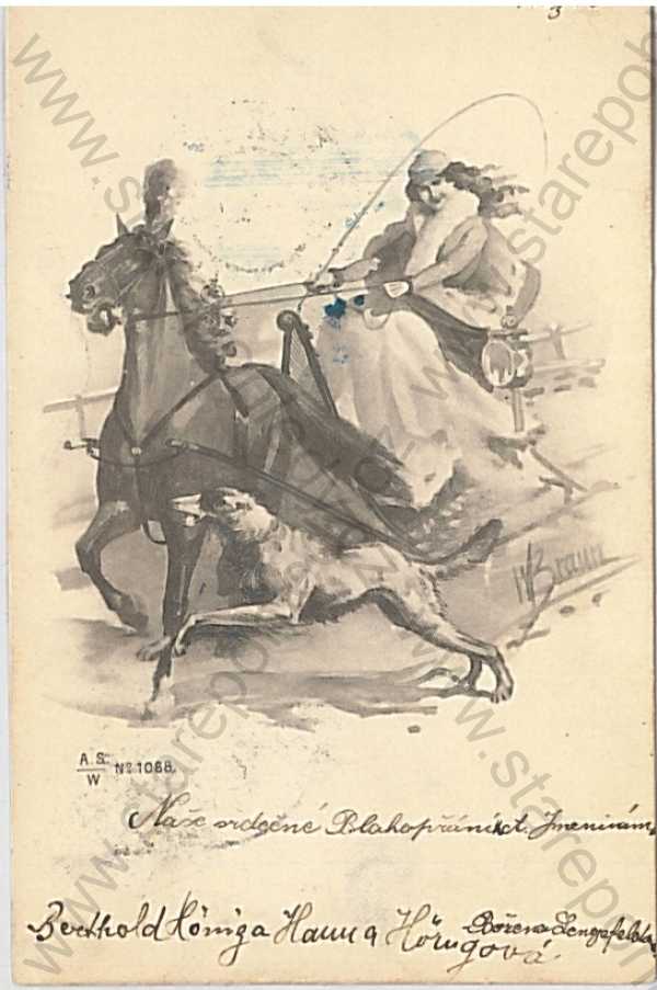  - Žena na voze, kůň, pes, kresba, DA