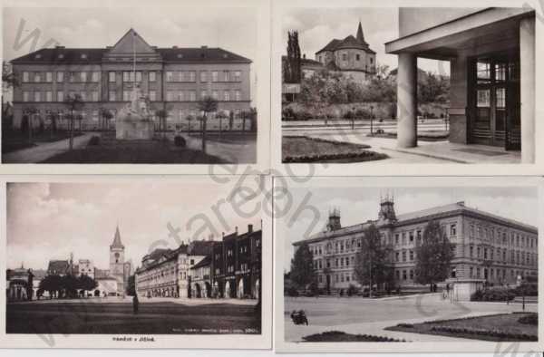  - 4 ks pohlednic: Jičín, náměstí, škola, nemocnice, kostel, Foto-fon, Fototypia-Vyškov