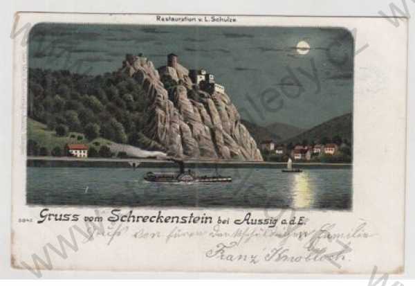 - Střekov (Schreckenstein) - Ústí nad Labem, hrad, řeka, Labe, loď, parník, kolorovaná, DA