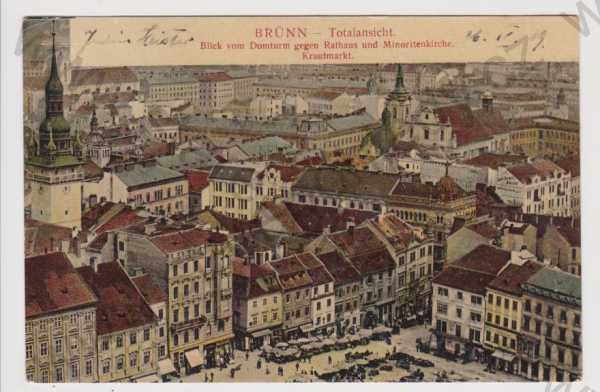 - Brno - celkový pohled, Dóm, radnice, kostel, Zelný trh, kolorovaná