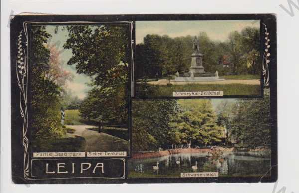  - Česká Lípa (Leipa) - park, pomník, jezero, koláž, kolorovaná
