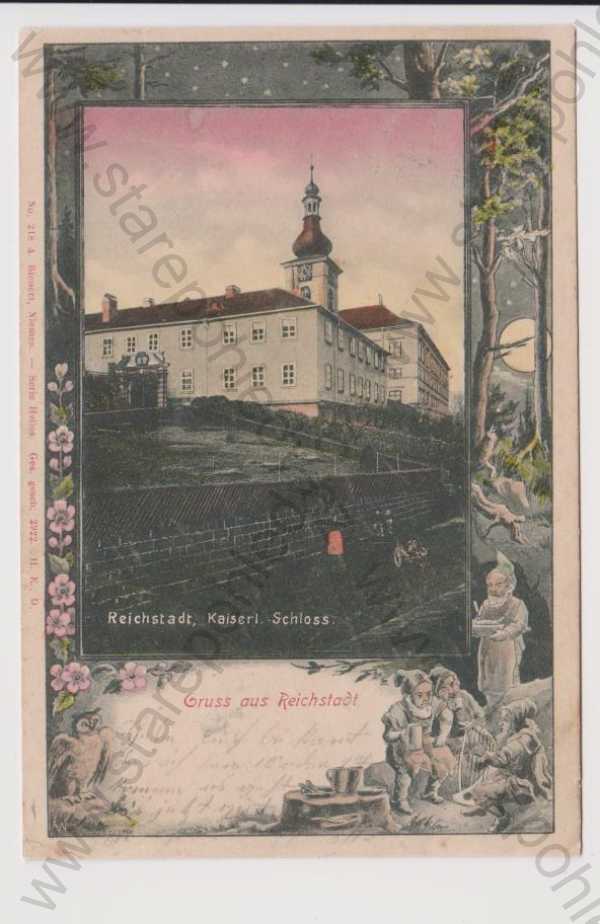  - Zákupy (Reichstadt) - zámek, koláž skřítci, kolorovaná, DA