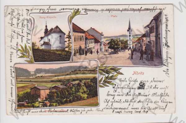  - Hořice (Höritz) - kaple, náměstí, Pašijové divadlo, litografie, kolorovaná, koláž, DA