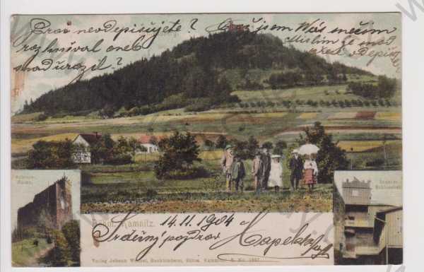  - Česká Kamenice (Böhmisch Kamnitz) - Zámecký vrch - celkový pohled, zřícenina, koláž, DA, kolorovaná