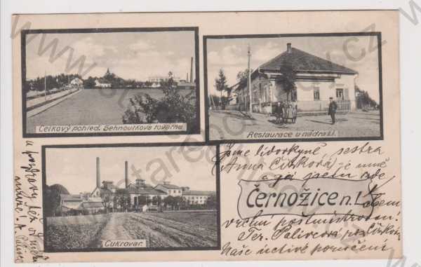  - Černožice nad Labem - celkový pohled, Sehnoutkova továrna, restaurace u nádraží, cukrovar, koláž