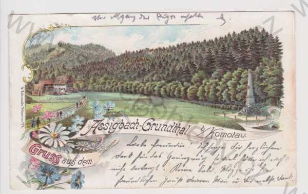  - Chomutovka (Assigbach - Grunthal) - Gründmühle, Schmidt pomník, litografie, DA, koláž, kolorovaná