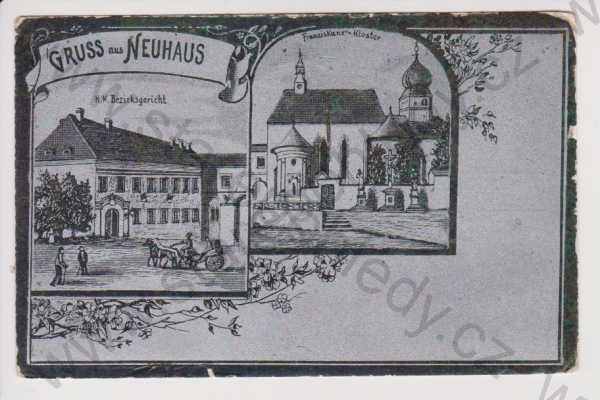  - Jindřichův Hradec (Neuhaus) - krajský soud, klášter, kůň kočár, stříbrná fólie, litografie, koláž, DA