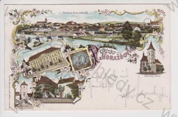  - Horažďovice - celkový pohled, radnice a obecní dům, znak, Pražská brána, zámek nádvoří, děkanský chrím, litografie, DA, koláž, kolorovaná