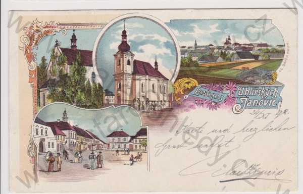  - Uhlířské Janovice - celkový pohled, kostel, náměstí, litografie, DA, koláž, kolorovaná