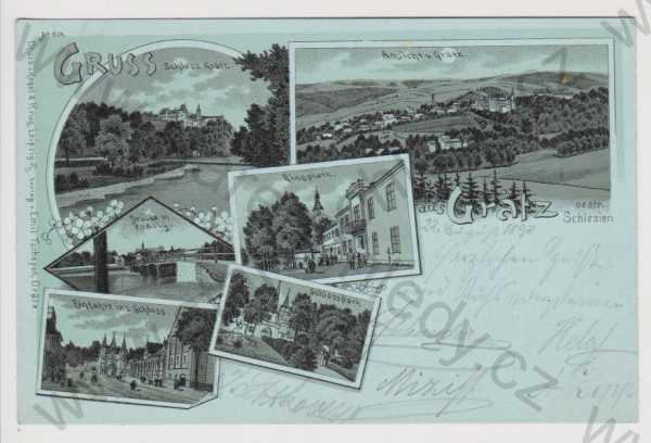  - Hradec nad Moravicí (Grätz) - Mondschein - zámek, celkový pohled, most, náměstí, park, litografie, DA, koláž