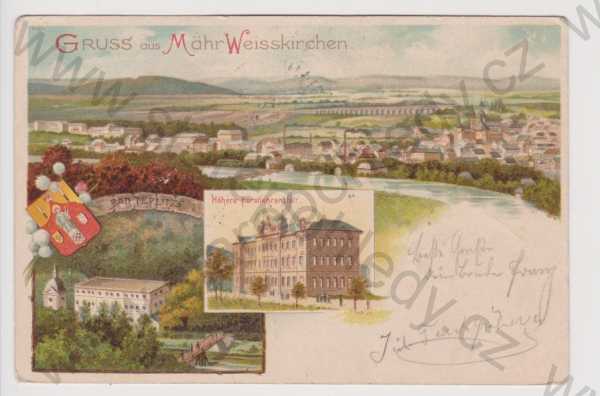  - Hranice (Mährisch Weisskirchen) - celkový pohled, lázně Teplice, litografie, DA, koláž, kolorovaná