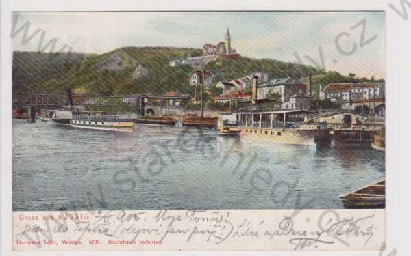  - Ústí nad Labem (Aussig) - přístav, parník, loď, Větruše, kolorovaná