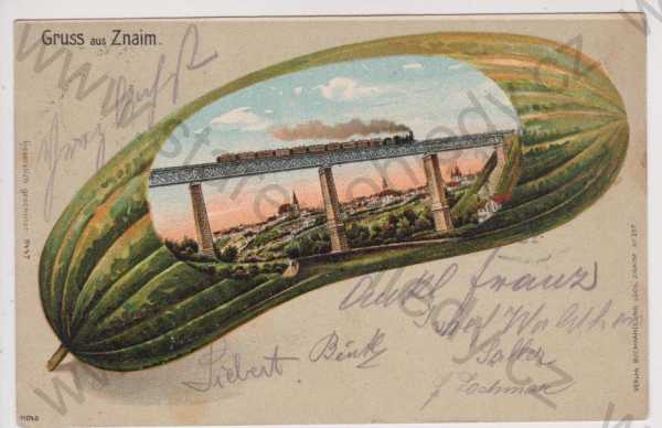  - Znojmo (Znaim) - železniční most, vlak, koláž okurka, kolorovaná, DA