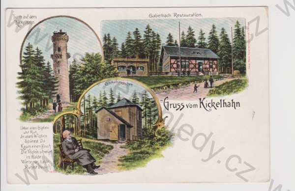  - Německo - Kickelhahn - rozhledna, restaurace, litografie, DA, koláž, kolorovaná
