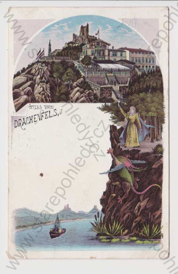  - Německo - Drachenfels - zřícenina, restaurace, litografie, koláž, kolorovaná