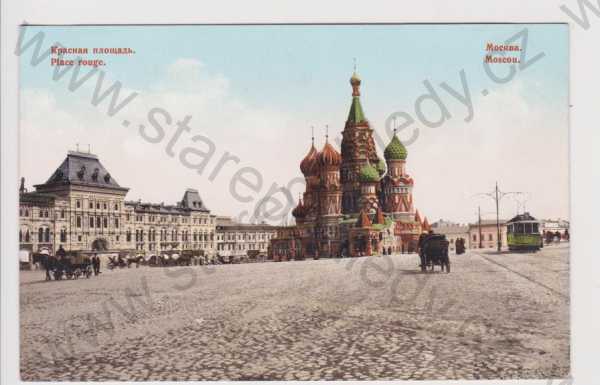  - Rusko - Moskva - náměstí, kostel, kůň, TRAMVAJ, kolorovaná