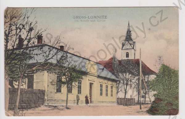  - Slovensko - Velká Lomnica - škola a kostel, kolorovaná