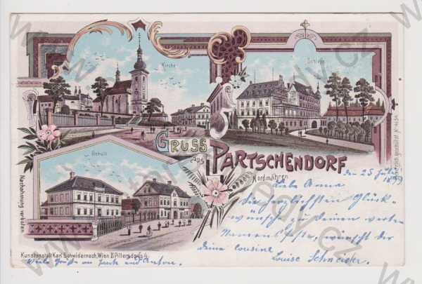  - Bartošovice (Partschendorf) - kostel, zámek, škola, litografie, DA, koláž, kolorovaná