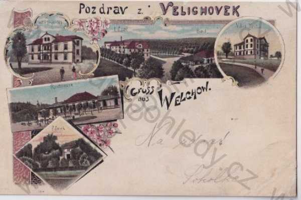  - Velichovky - Welchow (Karlovy Vary - Karlsbad) koláž, litografie, kolorovaná, vila Vojtěška, lázně, vila Yetta, restaurace, zámek, DA