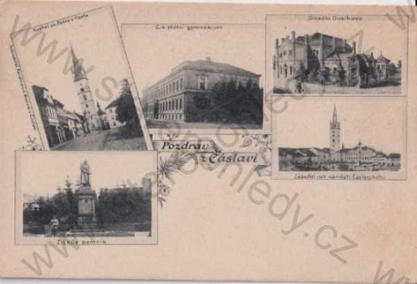  - Čáslav (Kutná Hora), koláž: kostel, gymnázium, divadlo, Žižkův pomník, náměstí, DA