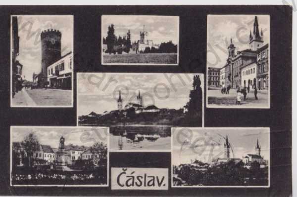  - Čáslav (Kutná Hora), koláž: kostel, pomník, náměstí, věž, zámek, celkový pohled
