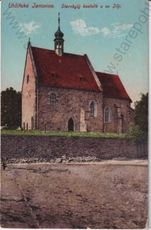 - Uhlířské Janovice (Kutná Hora), kostel, litografie, kolorovaná
